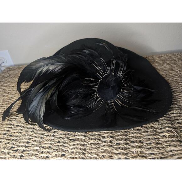 Vintage Michael Howard 100% Wool Black Hat Floating Feathers Derby Church main image 5